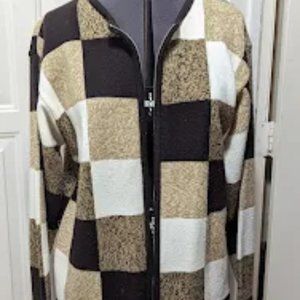👍Dressbarn Women's Sweater Cheker Brown Biege Sand White Zipper Up M Size